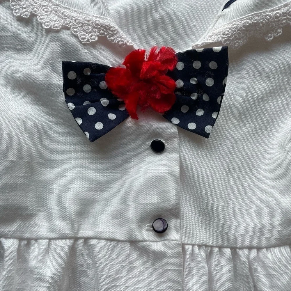 Vintage Just Adorable Sailor Dress White Navy Blue Size 6X Nautical Lace lapel